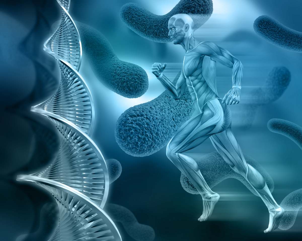 ilustração de um homem correndo e o desenho da sequência de DNA para falar de câncer de testículo