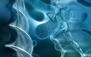 ilustração de um homem correndo e o desenho da sequência de DNA para falar de câncer de testículo