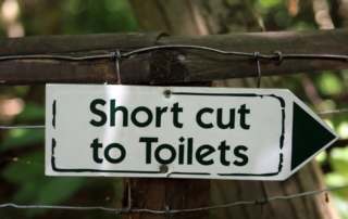 placa informativa indicando o banheiro para falar de incontinência urinária